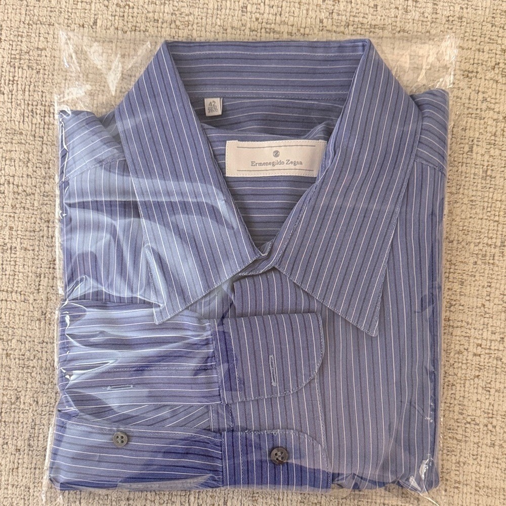 Ermenegildo Zegna Mens Blue White Striped Cotton Dress Shirt 16.5 42 Spain - Picture 14 of 14